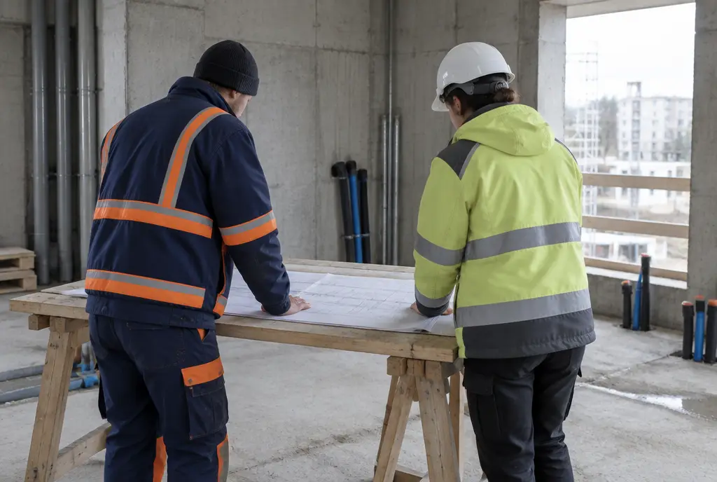 Zwei Fachkräfte besprechen Baupläne im Rohbau