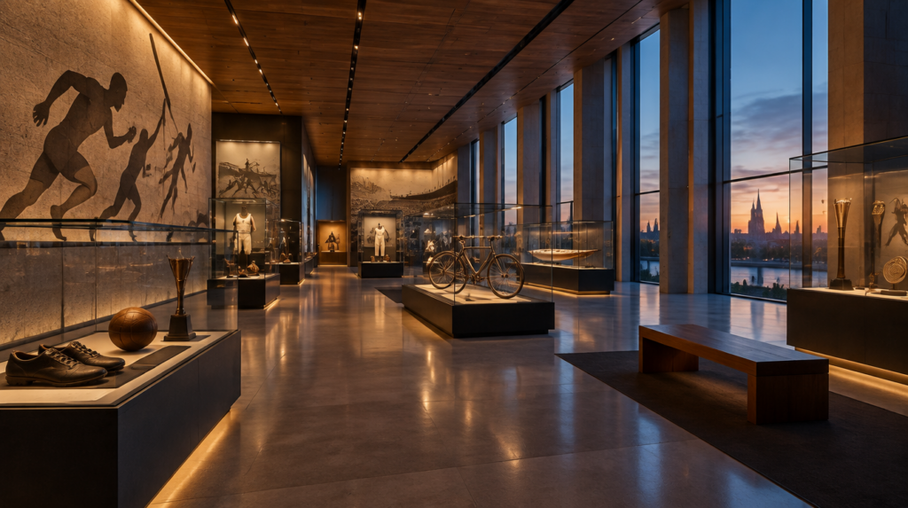 KI-Beispielbild: Ausstellungshalle eines fiktiven Sportmuseums, keine Aufnahme des Referenzprojekts.