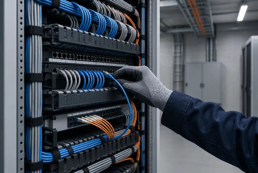 Patchfeld mit geordneten Datenkabeln in einem Netzwerkschrank