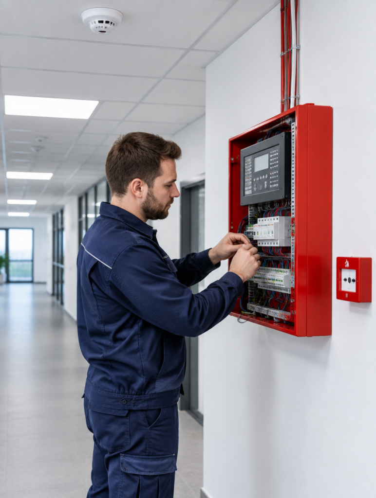 Elektriker installiert eine Brandmeldeanlage mit rotem Steuerungspanel in einem Bürogebäude
