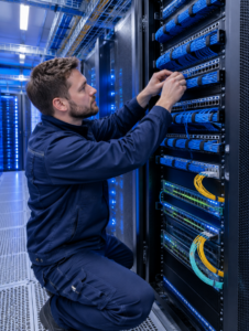 Fachkraft arbeitet an der Verkabelung eines Netzwerkschranks