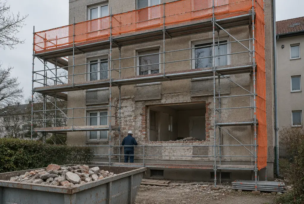 Fassadengerüst und Rückbauarbeiten an einem Mehrfamilienhaus, ausgeführt von 3 HFM Elektrotechnik aus einer Hand