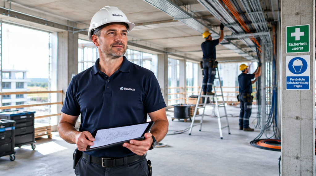 Bauleiter koordiniert Elektroinstallation auf Gewerbebau-Baustelle — fester Ansprechpartner, 3 HFM Elektrotechnik